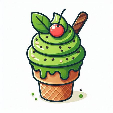 Green tea ice cream in a waffle cup. Vector illustration.のイラスト素材
