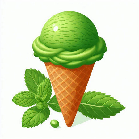 Ice cream cone with mint leaves on a white background. Vector illustration.のイラスト素材
