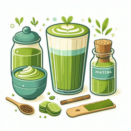 Matcha latte and matcha latte green tea. Vector illustration.のイラスト素材
