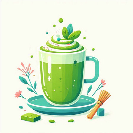 Cup of green tea with whipped cream, mint and chocolate, vector illustrationのイラスト素材