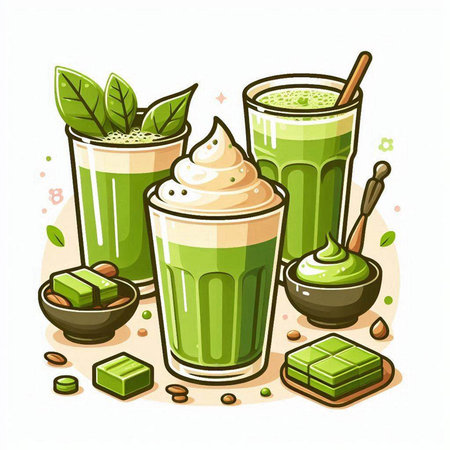 Matcha green tea latte with whipped cream and matcha green tea. Vector illustration.のイラスト素材