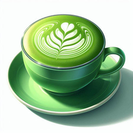 Green cup of green tea with latte art on white background.のイラスト素材