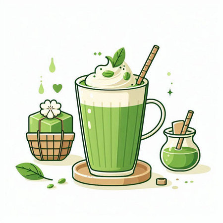 Green tea latte with whipped cream and mint leaves. Vector illustration.のイラスト素材