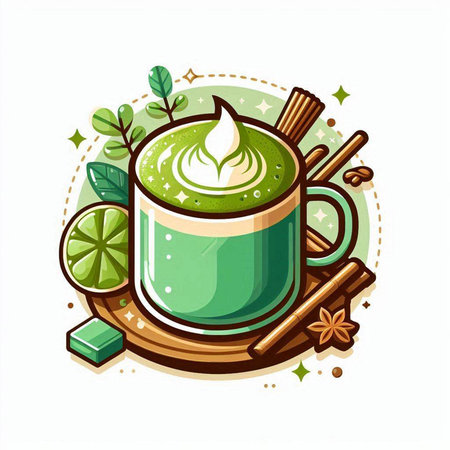 Green tea latte cup with cinnamon and lime. Vector illustration.のイラスト素材