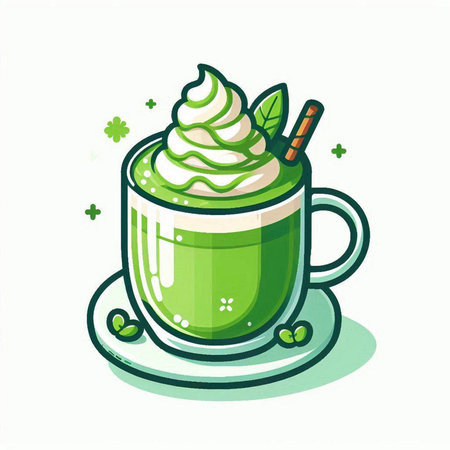 Green tea latte cup with whipped cream and cinnamon. Vector illustration.のイラスト素材
