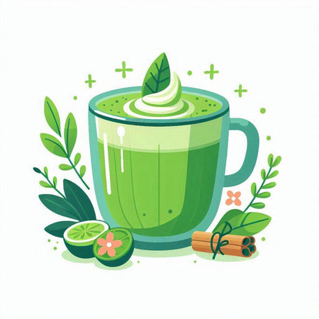 Matcha green tea latte in a mug with mint leaves, cinnamon sticks and lime. Vector illustration.のイラスト素材
