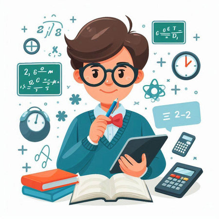 Cute schoolboy doing homework. Vector illustration in cartoon style.のイラスト素材