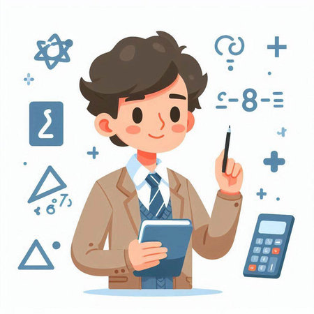 Young man with a tablet and calculator. Vector illustration in a flat style.のイラスト素材