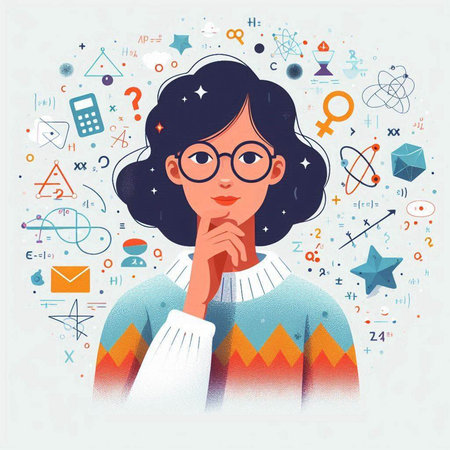 Vector illustration of a young woman in glasses. A girl in a sweater and glasses. The concept of science and education.のイラスト素材
