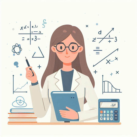 Scientist with tablet and calculator, flat vector illustration. Female scientist working in laboratory.のイラスト素材