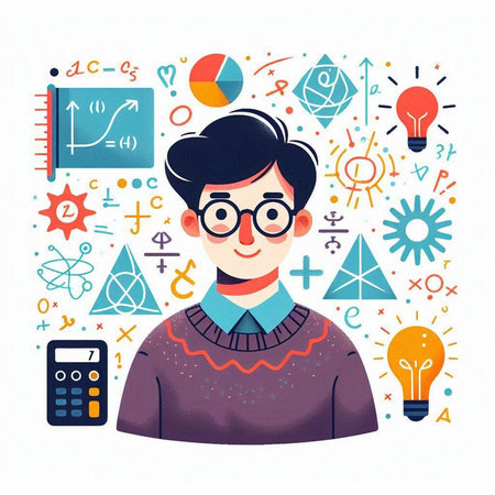 Vector illustration of young man in glasses with science symbols around him.のイラスト素材