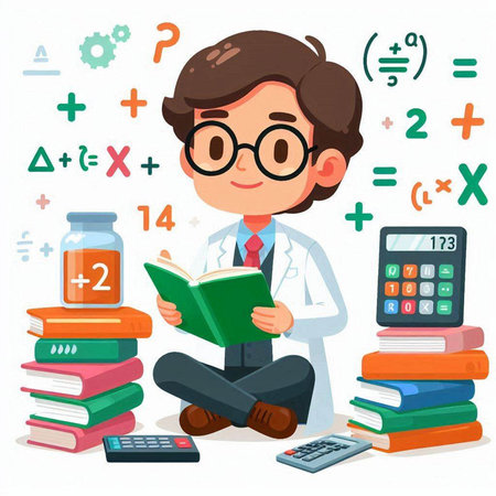 Vector illustration of a boy in glasses and a white coat sitting on the floor next to a pile of books and a calculatorのイラスト素材