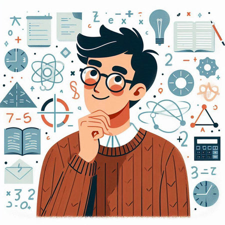 Vector illustration of a young man in glasses and a sweater on the background of science icons.のイラスト素材