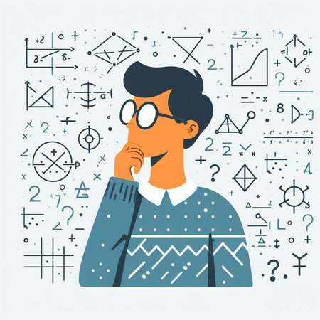 Vector illustration of a young man in glasses and a sweater thinking about something.のイラスト素材