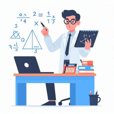 Scientist in lab coat and glasses working on computer. Vector illustrationのイラスト素材