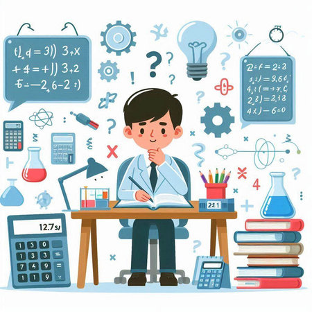 School boy sitting at the desk in the classroom. Vector illustration.のイラスト素材