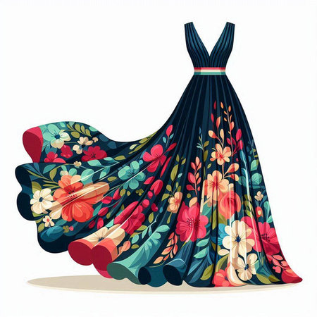 Illustration of a beautiful dress with floral pattern on a white backgroundのイラスト素材