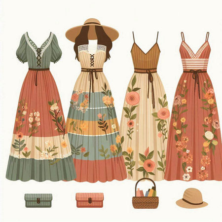Fashionable women's dresses in retro style. Vector illustration.のイラスト素材