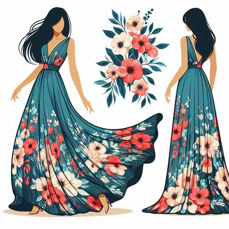 Beautiful girl in a long dress with flowers. Vector illustration.のイラスト素材