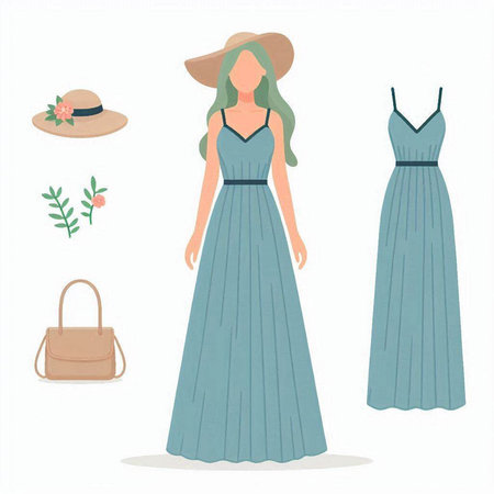 Vector illustration of a woman in a long dress, hat and bagのイラスト素材