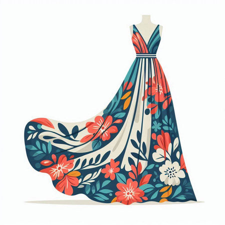 Dress with floral pattern on a mannequin. Vector illustration.のイラスト素材