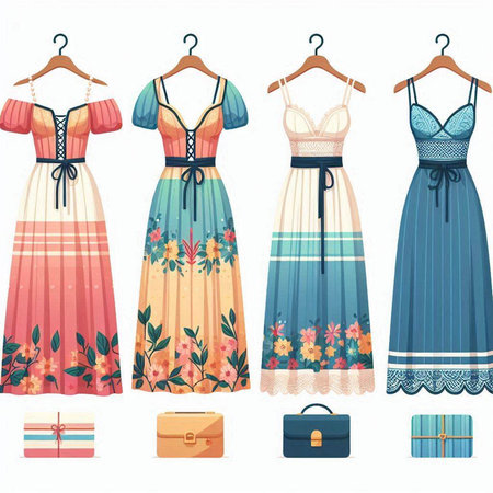 Set of summer dresses with floral pattern isolated on white background. Vector illustration.のイラスト素材
