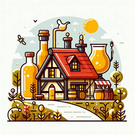 Vector illustration of a country house in the countryside. Countryside landscape with houses and wine bottles.のイラスト素材