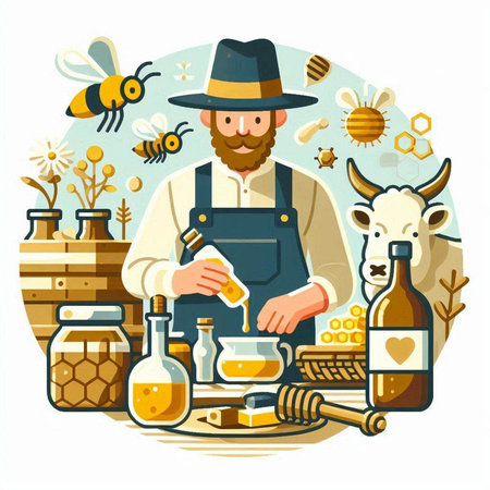 Honey beekeeping flat vector illustration. Beekeeper working in apiary.のイラスト素材