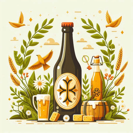 Oktoberfest beer festival vector illustration. Beer bottle, glasses, wheat ears, pretzel, wooden barrel, hops, wheat ears, birds.のイラスト素材
