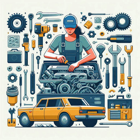 Car service and repair. Mechanic with tools and equipment. Vector illustrationのイラスト素材