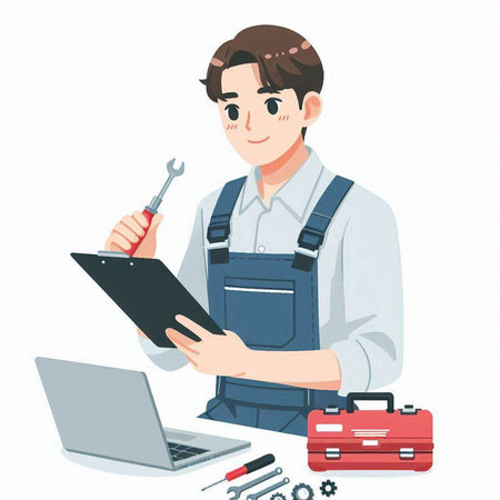 Auto mechanic with tools and laptop. Vector illustration in cartoon style.のイラスト素材