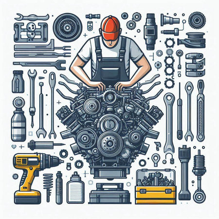 Repair and service of auto parts. Mechanic with tools. Vector illustrationのイラスト素材