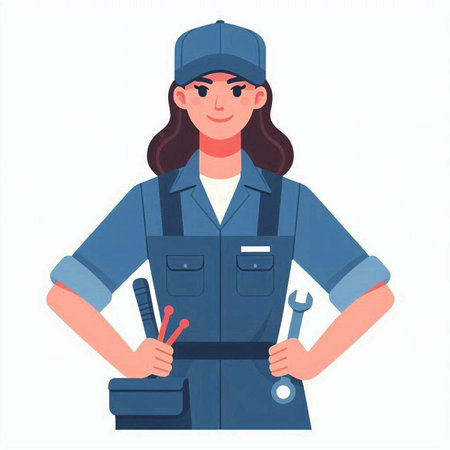 Female mechanic in uniform holding wrench and screwdriver, flat vector illustration isolated on white background.のイラスト素材