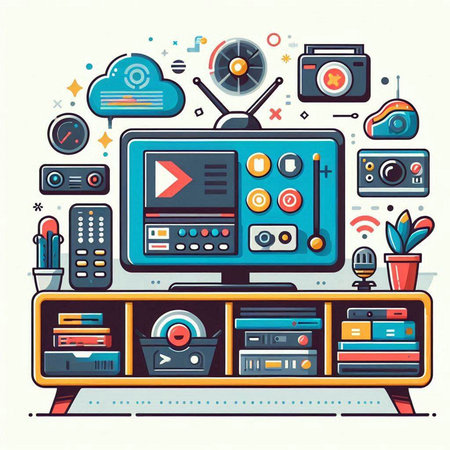 Vector illustration of modern home entertainment concept in thin line style - TV, radio, photo camera, video player, headphones, speakers, speaker, microphone, speaker.のイラスト素材