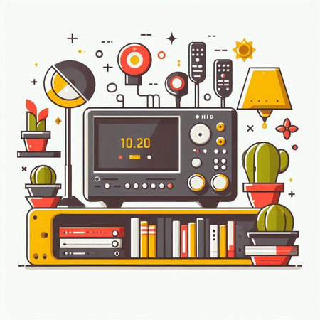 Flat line art vector illustration of home appliances and household items.のイラスト素材