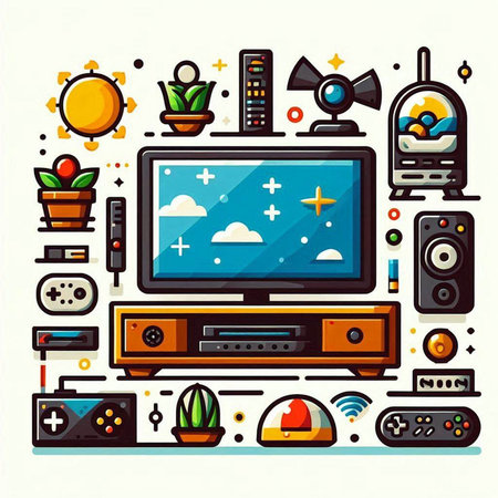 Vector illustration of home entertainment icons set in flat line style. TV, gamepad, remote control, remote control, video camera and other equipment.のイラスト素材