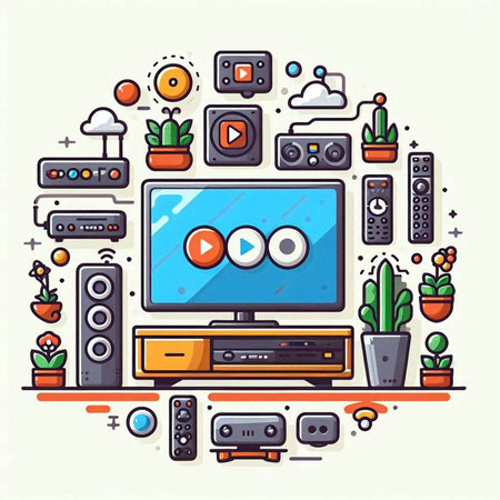 Vector illustration of tv set with different media icons in flat style.のイラスト素材