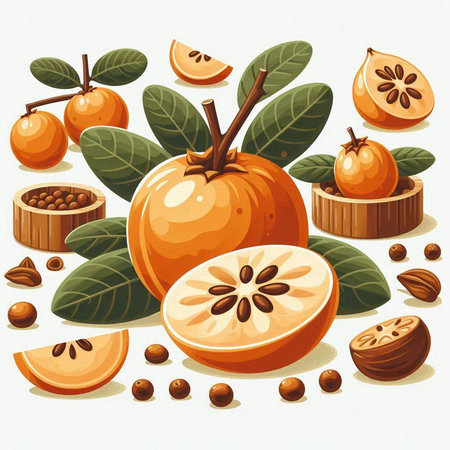 Vector illustration of a set of persimmon with leaves and seedsのイラスト素材