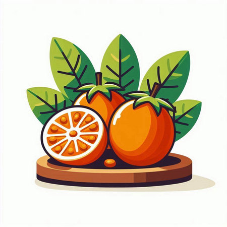 Fresh orange fruit with leaves on white background. Vector flat illustration.のイラスト素材