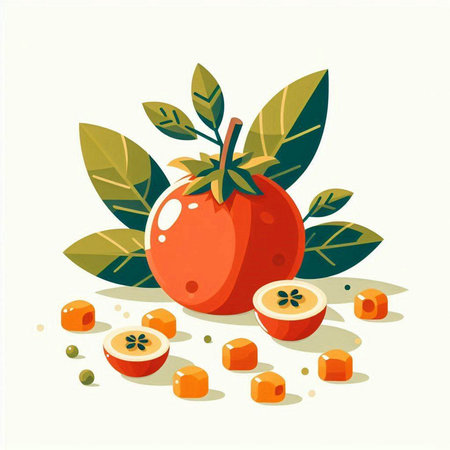 Fresh ripe persimmon fruit with green leaves. Vector illustration.のイラスト素材