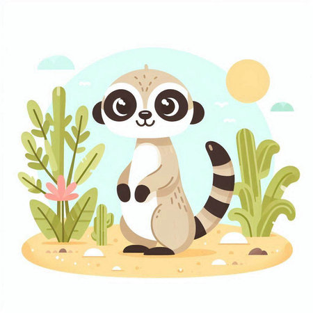 Cute lemur in the desert. Vector illustration in cartoon style.のイラスト素材
