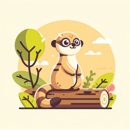 Cute meerkat sitting on log in the forest. Vector illustrationのイラスト素材