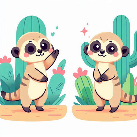 Cute cartoon meerkat and cactus. Vector illustration.のイラスト素材