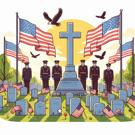 Cemetery with American flag and soldiers. Vector illustration in flat styleのイラスト素材