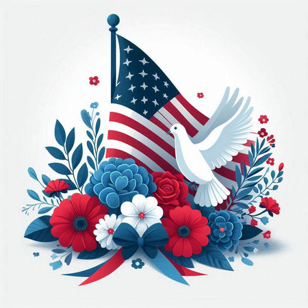 American flag with flowers and dove of peace. Vector Illustration.のイラスト素材