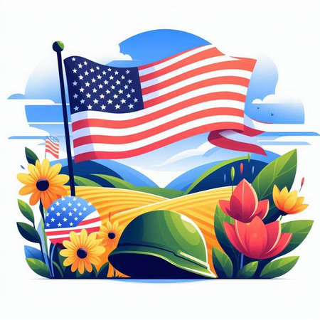 American flag and flowers on the background of nature. Vector illustration.のイラスト素材