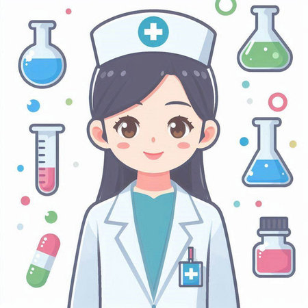 Cute young female doctor with science related icons. Vector illustration.のイラスト素材