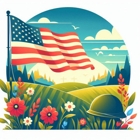 American flag in the field with flowers and grass. Vector illustration.のイラスト素材