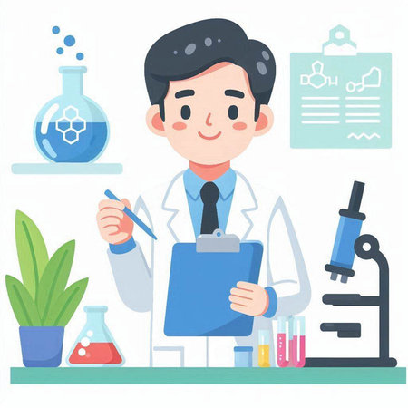 Illustration of a male scientist working in a laboratory. Ideal for catalogs, informational and institutional materialsのイラスト素材