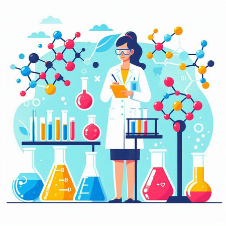 Scientist woman working in laboratory. Chemistry and biology. Vector illustration in flat styleのイラスト素材